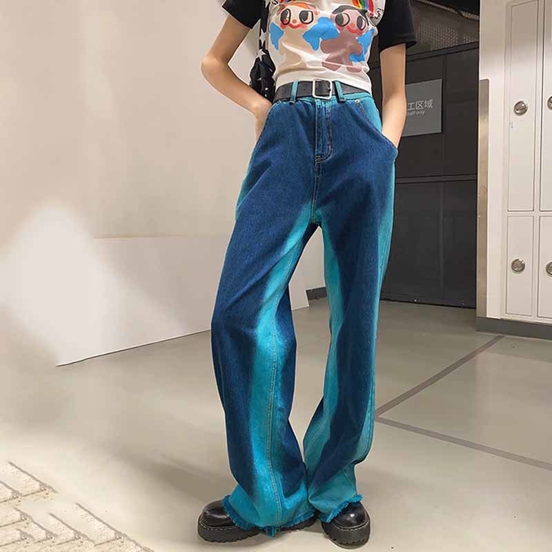 Tie dye Casual Loose Wide Leg Jeans Trousers for Women Summer Ladies Straight Pantalon High Waist Button Female Deni